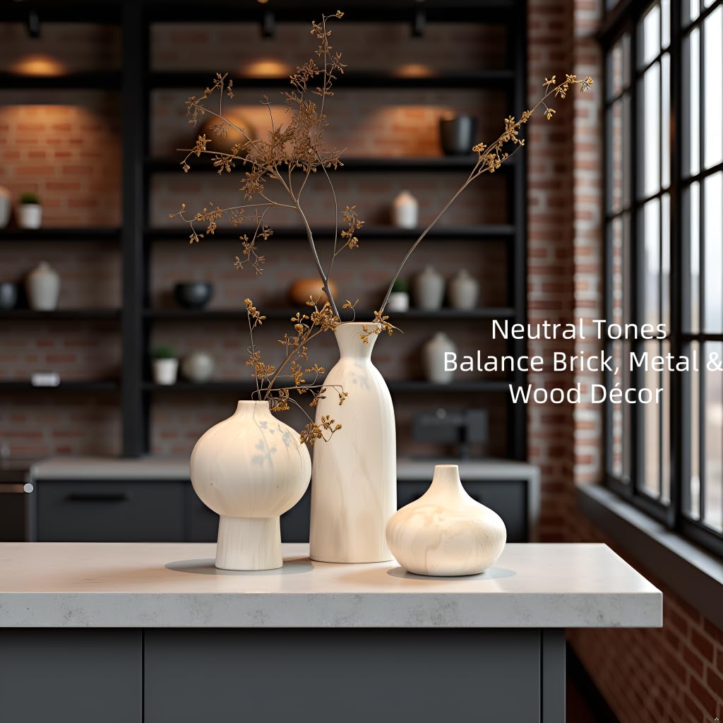 Lukelg Ceramic Vase Set of 3 – White & Beige, Stone-Look Texture