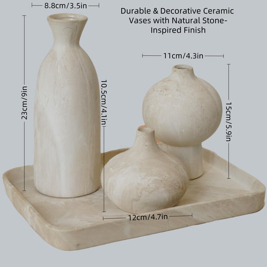 Lukelg Ceramic Vase Set of 3 – White & Beige, Stone-Look Texture