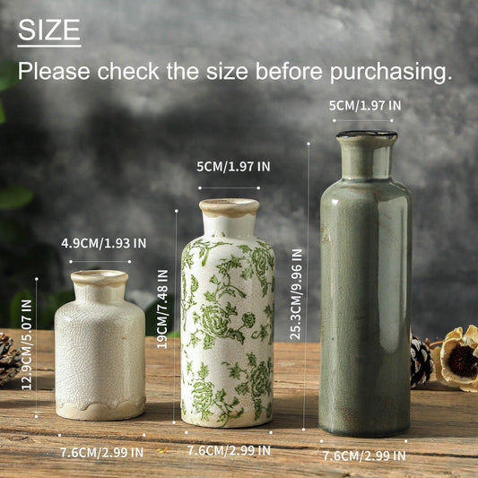Lukelg Vintage Ceramic Flower Vase Set of 3 – Chinoiserie, Green & Beige