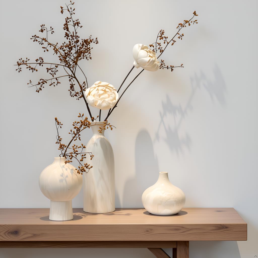 Lukelg Ceramic Vase Set of 3 – White & Beige, Stone-Look Texture
