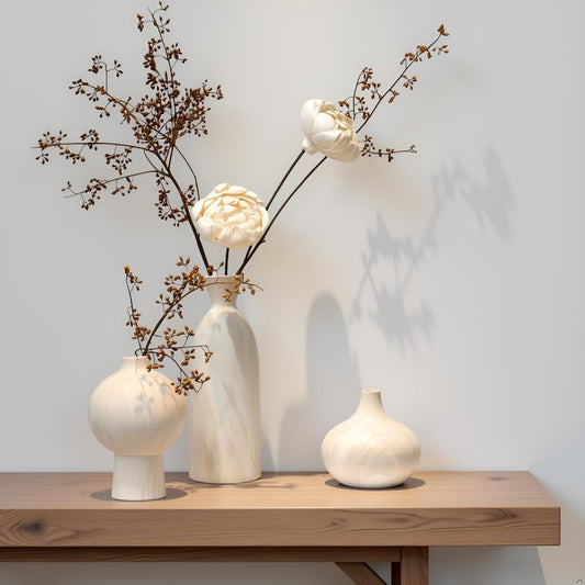 Lukelg Ceramic Vase Set of 3 – White & Beige, Stone-Look Texture