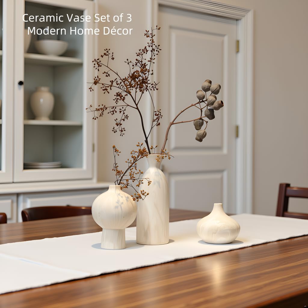 Lukelg Ceramic Vase Set of 3 – White & Beige, Stone-Look Texture
