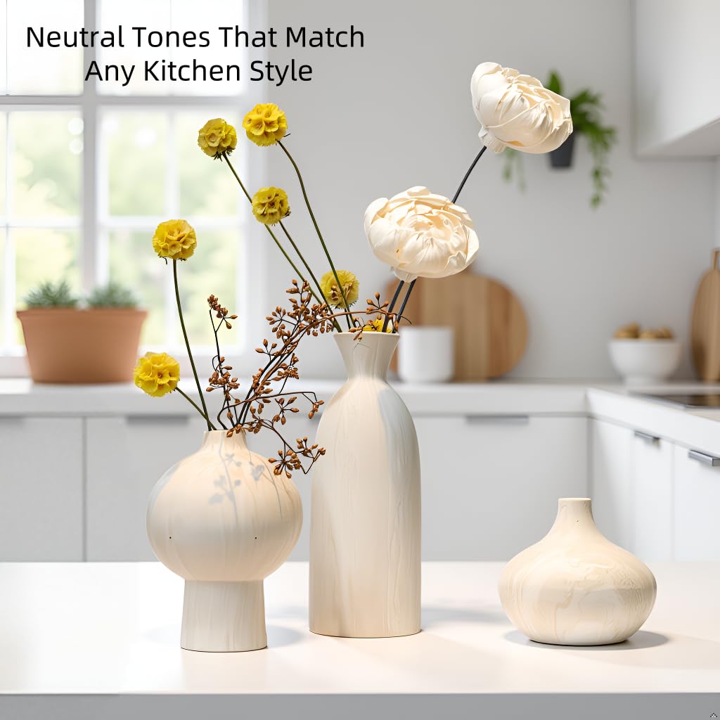 Lukelg Ceramic Vase Set of 3 – White & Beige, Stone-Look Texture