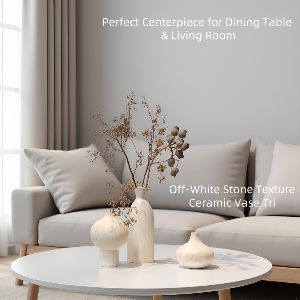 Lukelg Ceramic Vase Set of 3 – White & Beige, Stone-Look Texture