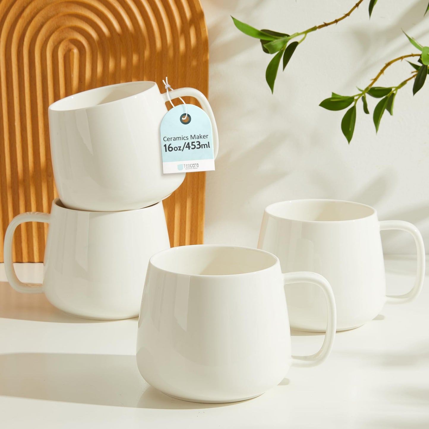 Lukelg 16oz Stackable Ceramic Coffee Mugs – Set of 4, White