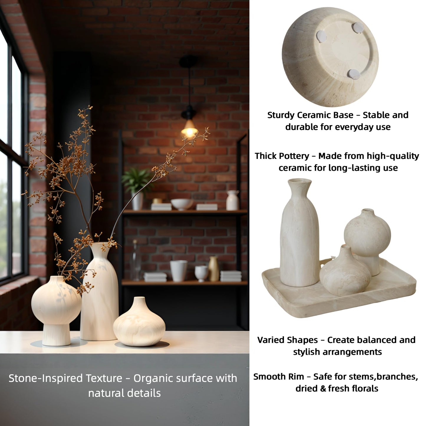 Lukelg Ceramic Vase Set of 3 – White & Beige, Stone-Look Texture