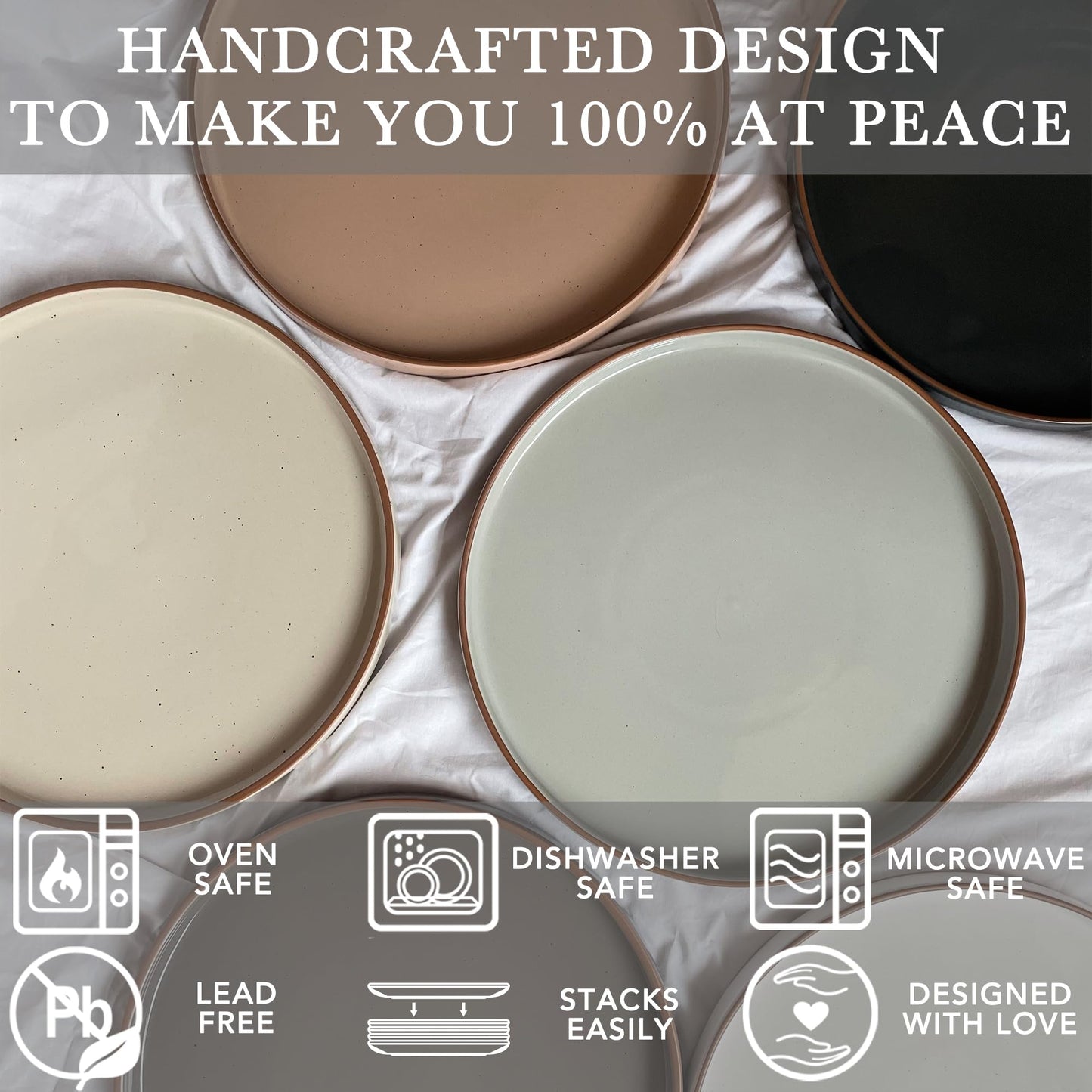 Lukelg Ceramic Flat Plates – Set of 6, 8 Inch, Neutral Colors