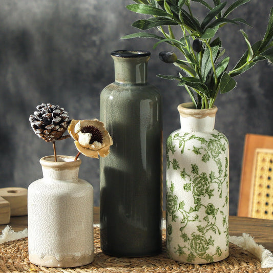 Lukelg Vintage Ceramic Flower Vase Set of 3 – Chinoiserie, Green & Beige