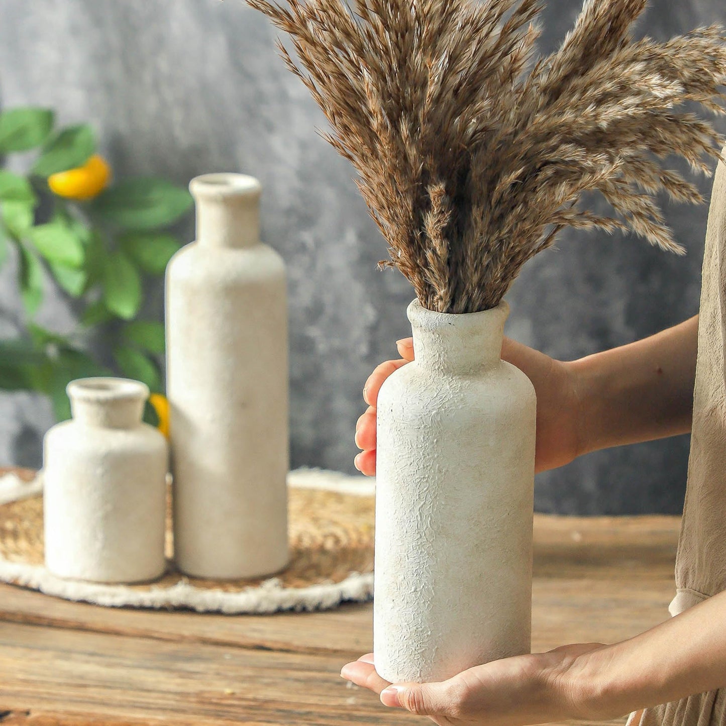 Lukelg Ceramic Vases Set of 3 – Whitewashed Neutral, Farmhouse Decor
