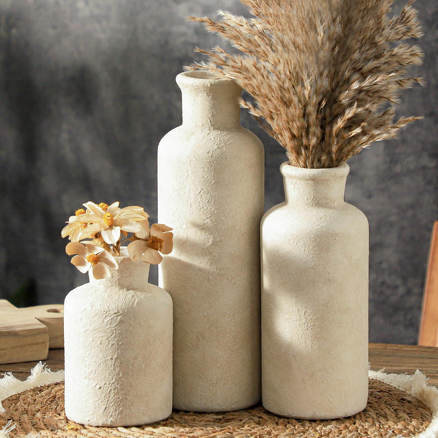 Lukelg Ceramic Vases Set of 3 – Whitewashed Neutral, Farmhouse Decor